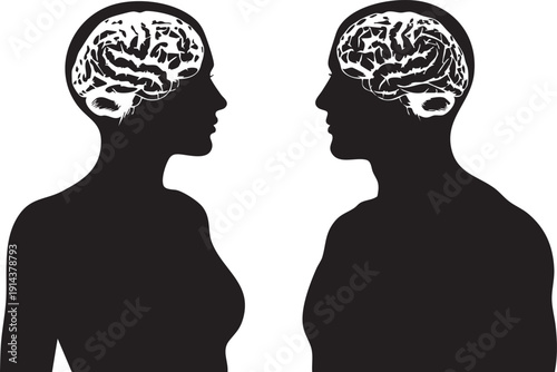 Black silhouettes of two people facing each other with visible brains human heads profile