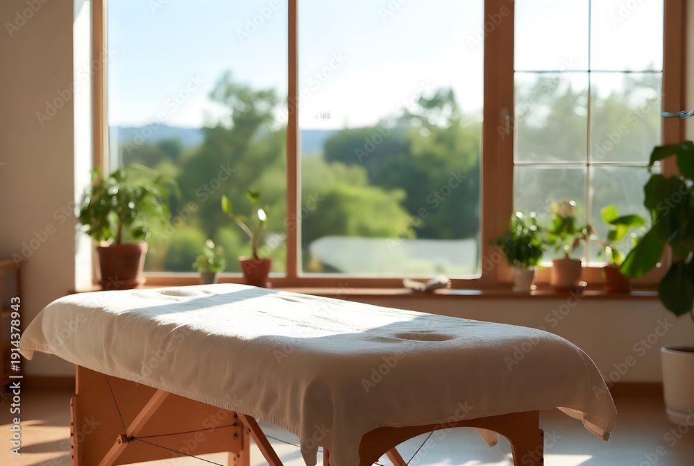 Fototapeta premium Empty massage table in a bright sunlit wellness studio with large windows and green plants