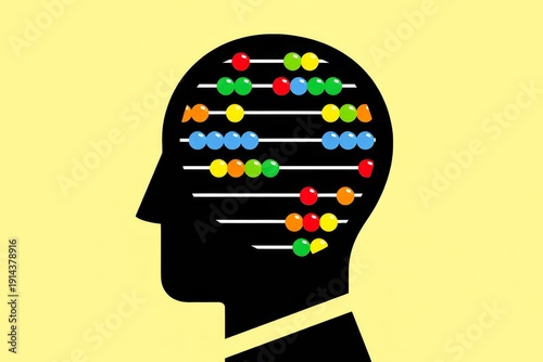 Silhouette of a head with abacus beads representing mental calculation concept.
