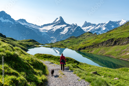 Cuadro en lienzo A woman and her dog on a hike in the Swiss alps, mount Jungfrau in the backgroun