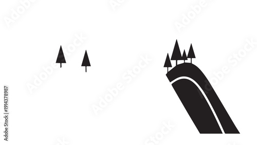 Minimalist black and white landscape with sparse trees and a winding road along a hillside.