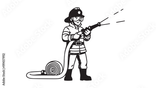 Illustration of a firefighter aiming a hose with readiness and courage.
