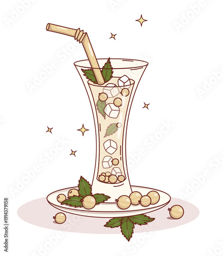 White Currant Fruit Drink in Slim Glass with Straw, Ice Cubes, Berries and Mint Leaves. Seasonal Refreshing Cocktail. Vector Illustration