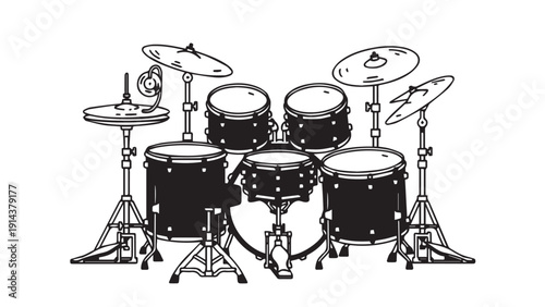 Black and white drum set illustration with cymbals and drums.