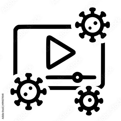 Virus icons surrounding video player symbolizing malware
