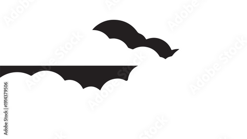Silhouette of a bat in flight above stylized clouds in stark black graphic.