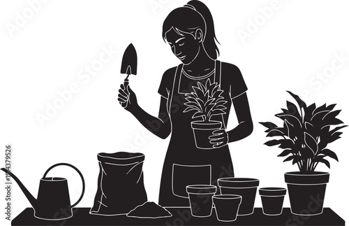 Woman potting a plant with gardening tools, a watering can, and soil, suggesting home gardening and repotting