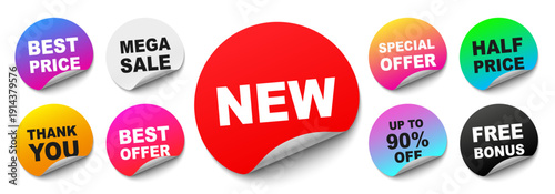 Special offer sticker tag set. Discount red sticker tag. Sale promo banner sign. Curled round paper sticker with different advertising texts
