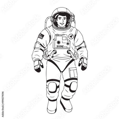 Black and white illustration of a lone astronaut in a spacesuit floating in space.