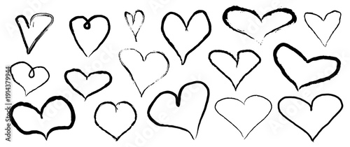 Doodle style hand drawn hearts isolated on white. Sticker pack. Vector hearts set. Creative grunge heart symbols. Vector illustration