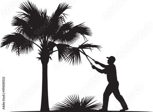 Silhouette of a man pruning a palm tree with long-handled shears, illustrating landscaping and tropical maintenance.