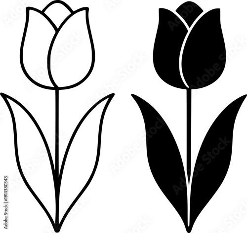 Flower icon, vector illustration of a sprig of tulip, black and white in outline and silhouette design style