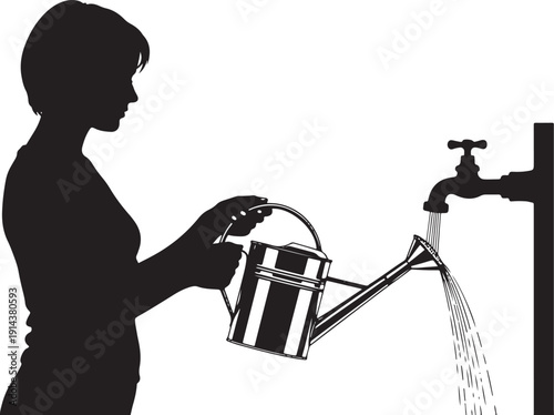 Silhouette of a woman filling a watering can from a tap, representing preparation for gardening or daily chores.