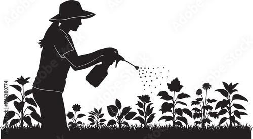 Silhouette of a woman with a hat spraying water on blooming flowers in a garden, symbolizing care and nurturing.