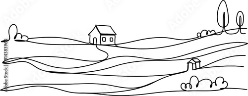 Continuous line drawing of a charming rustic village landscape featuring rolling hills small houses and trees a minimalist countryside sketch