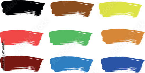 Vibrant collection of nine abstract handpainted brush strokes in various colors perfect for artistic design elements