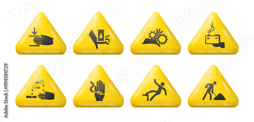 Yellow 3D warning safety signs with industrial hazard icons. Danger icon symbol in triangle. Industrial safety notifications