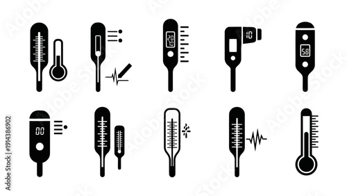 Diverse Health and Medical Thermometer Icons Flat Black Vector Set EPS10 Stock.eps