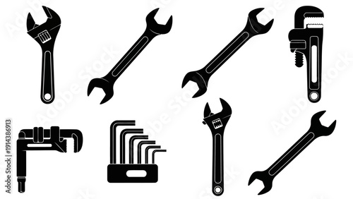 Black Vector Tool Icons Wrenches Pipe Wrenches and Hex Keys EPS10 Stock.eps
