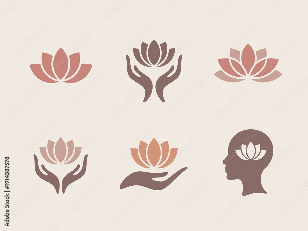Fototapeta premium Set of lotus flower icons representing balance mindfulness and well being for spa yoga meditation and spiritual wellness brands modern minimalist logo collection for health and lifestyle businesses gr