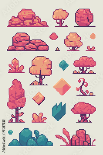 Pixel art game assets for fantasy game environments featuring pixelated trees rocks and plants in a retro style for 2D game development indie game creation digital illustration and retro design elemen