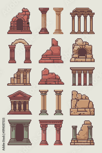Pixel art ancient ruins and classical architecture elements collection including columns arches temples and stone fragments for game design historical illustration and retro graphic resources vintage