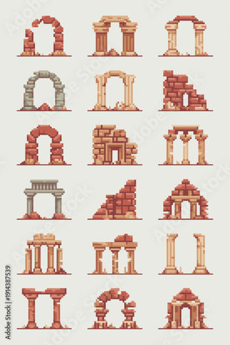Ancient ruins pixel art architectural elements vintage stone arches crumbling columns and weathered structures for game design fantasy settings historical projects retro graphics and digital art illus