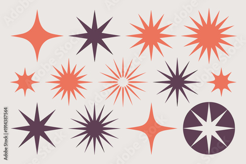 Retro starbursts and sparkles graphic elements collection mid century modern atomic star shapes abstract explosion burst for vintage design background pattern decoration celebration party festive cele