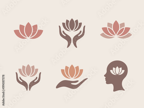 Set of lotus flower icons representing balance mindfulness and well being for spa yoga meditation and spiritual wellness brands modern minimalist logo collection for health and lifestyle businesses gr