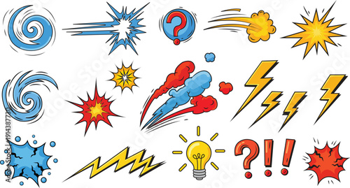 Comic book explosion elements set with lightning bolts speech bubbles and speed lines for pop art design work