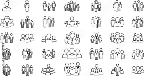 Black and white line people in various groupings line black and white groups individuals