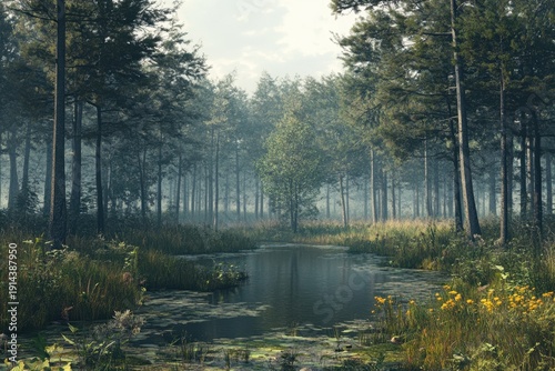 Serene forest landscape with a calm pond surrounded by trees and wildflowers at midday