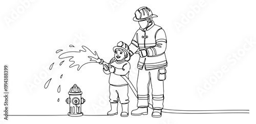 Firefighter teaching child to use water hose one line drawing. Hero fireman with little boy spraying water from hydrant. Fire station education and career day concept.
