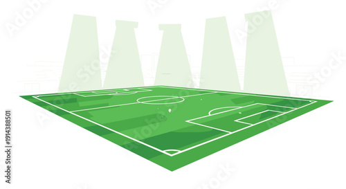 Isometric view of a green soccer field with white markings and bright spotlights casting light onto the pitch.