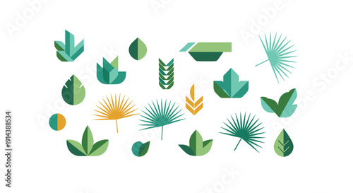 A collection of various stylized geometric leaves in shades of green and orange is arranged randomly across a clean white background.