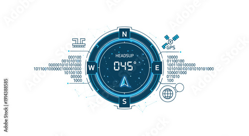 A digital compass shows a 045-degree heads-up heading, surrounded by binary code, a GPS satellite, and network icons on a white background.