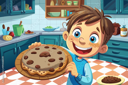 Mischievous young boy taking out giant muffin from plate in kitchen at home. Playfulness shot in slow motion with warm natural light. Intimate family moment.