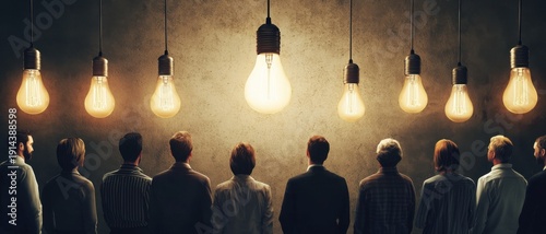 Group of People Under Bright Light Bulbs in Darkness
