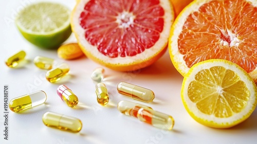 Colorful Citrus Fruits and Dietary Supplements on White Surface