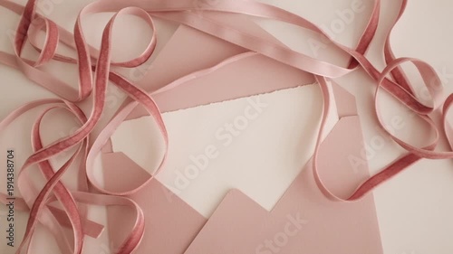 Elegant wedding invitation suite featuring a soft blush pink velvet ribbon tied in a bow on luxury textured pastel pink paper envelope. Close-up slow-motion detail video of bridal stationery.