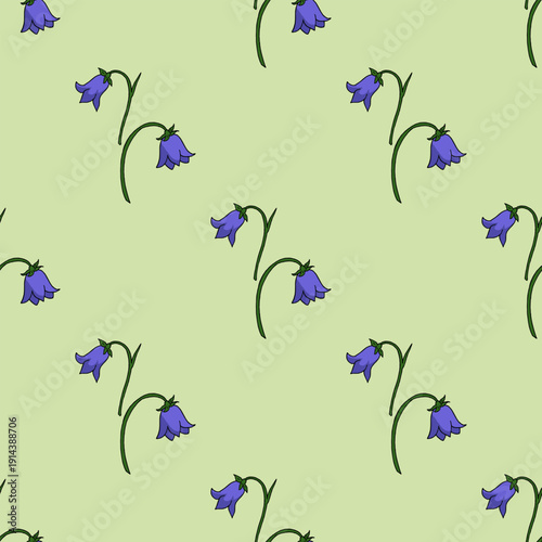 Seamless pattern with positive bell flowers on light green background.eps