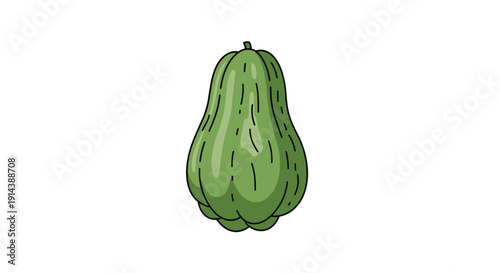 A single, ribbed, light green chayote squash stands upright on a clean, isolated white background.
