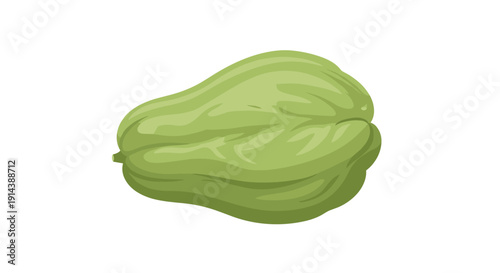 A single, smooth, light green chayote squash is positioned horizontally on a clean, isolated white background.