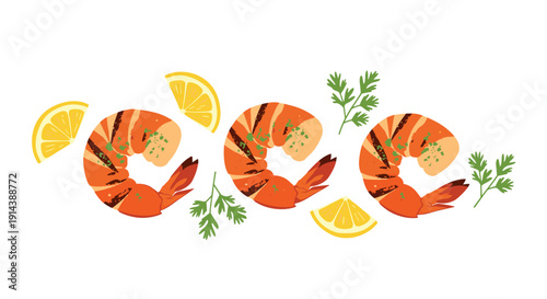 Three succulent cooked shrimp are arranged horizontally with fresh lemon slices and green parsley garnishes on a simple white background.