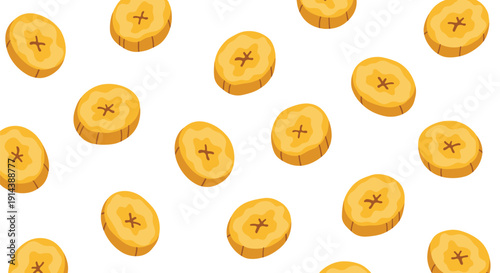 Numerous round slices of yellow banana are randomly scattered and overlapping on a bright white background, creating a cheerful pattern.