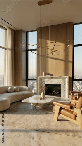Luxury modern apartment living room with fireplace, burning fire, cinematic motion shot, marble floor, high-end furniture, contemporary design, stunning city view, elegant upscale interior