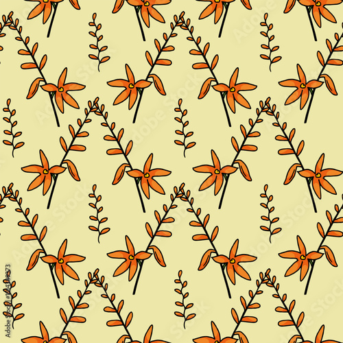 Seamless pattern with positive orange flowers on light yellow background.eps