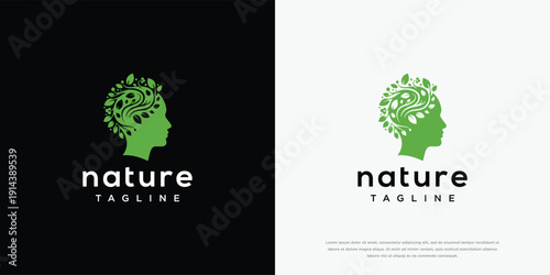 Nature Mind Logo Design Green Human Head with Organic Brain Eco Mental Health Symbol.