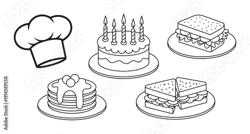 Vector illustration of various delicious bakery items and foods