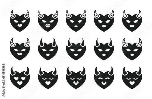 Collection of vector devil faces with different expressions and emotions displayed